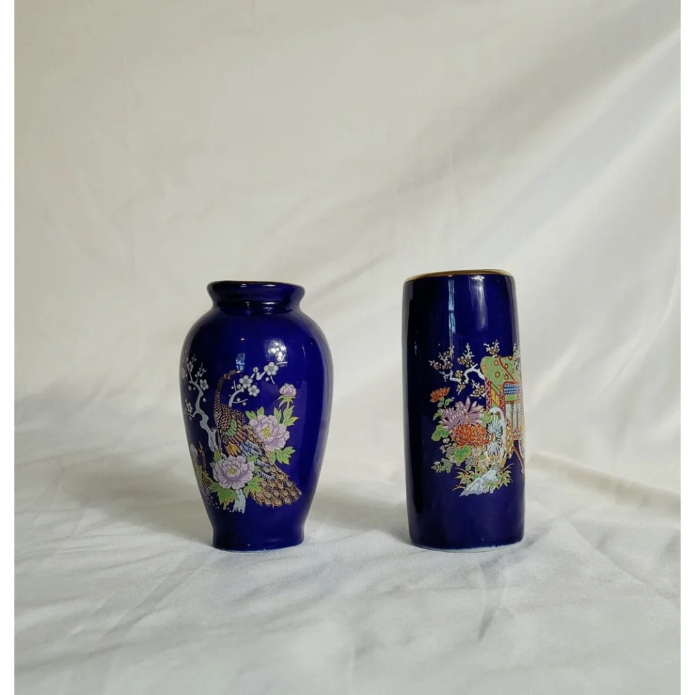 2 Vintage Miyako Mini Vases Cobalt‎ Blue W/ Gold Accents Floral & Peacock